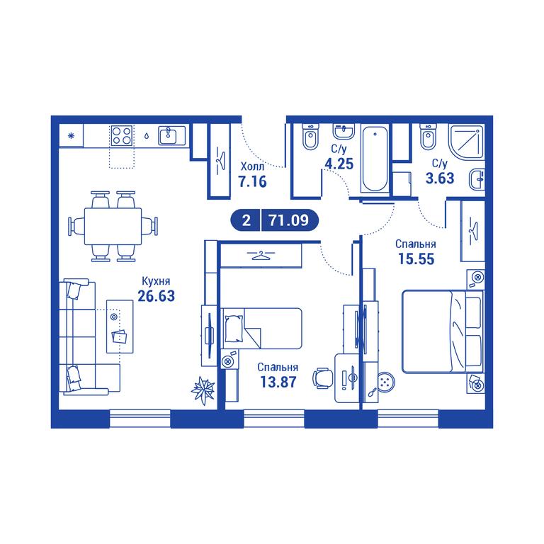 1-BD Apartment Sale, 71.3 sq. m. at iLove, улица Бочкова, 11А, Москва, Россия #2