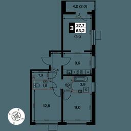3-BD Apartment Sale, 63.2 sq. m. at Pervy Donskoj, zhiloy mikrorayon Sapronovo, derevnya Sapronovo, Leninskiy City District, Moscow Region, Russia #2