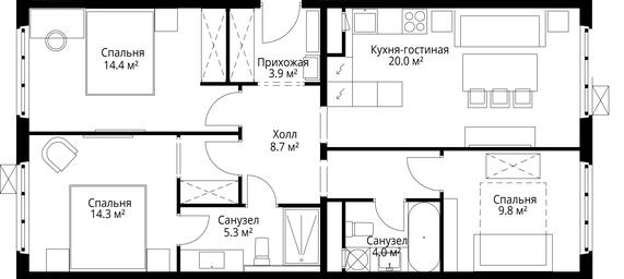 3-BD Apartment Sale, 80.4 sq. m. at Eko Vidnoe 2.0, kvartal Tsentralny, 1, Kupelinka Subdistrict, derevnya Sapronovo, Leninskiy City District, Moscow Region, Russia #4