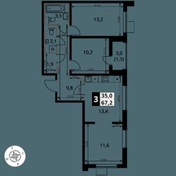 3-BD Apartment Sale, 67.2平方米 at Pervy Yuzhny, zhiloy kompleks Pervy Yuzhny, Leninskiy City District, Moscow Region, Russia #4