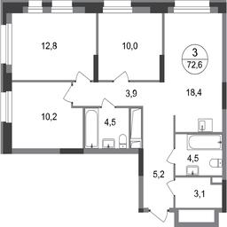 3-BD Apartment Sale, 72.6 sq. m. at Pervyi Moskovskiy, ulitsa Bianki, 1, Moskovskiy, Moscow, Russia #2