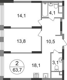 2-BD Apartment Sale, 63.7 sq. m. at Peredelkino Blizhnee, Korneya Chukovskogo Street, 1, Vnukovskoye Settlement, Moscow, Russia #2