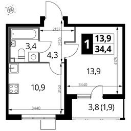 1-BD Apartment Sale, 34.2平方米 at Pervyi Lermontovskiy, zhiloy kompleks 1-y Lermontovskiy, Lyubertsy, Moscow Region, Russia #4
