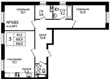 2-BD Apartment Sale, 68.4 sq. m. at Eko Bunino, prospekt Kuprina, 34к1, Sosenskoye Settlement, Moscow, Russia #4