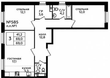2-BD Apartment Sale, 68.4 sq. m. at Eko Bunino, prospekt Kuprina, 34к1, Sosenskoye Settlement, Moscow, Russia #2