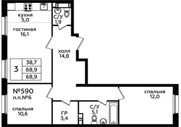 2-BD Apartment Sale, 68.7 sq. m. at Eko Bunino, prospekt Kuprina, 34к1, Sosenskoye Settlement, Moscow, Russia #3