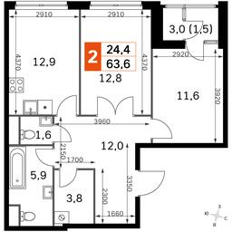 2-BD Apartment Sale, 62.1平方米 at Sky Garden, Stroitelny Drive, 9с6, Moscow, Russia #4