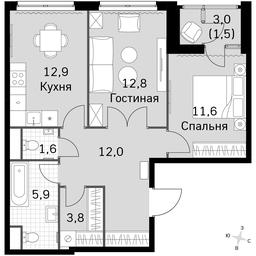 2-BD Apartment Sale, 62.1平方米 at Sky Garden, Stroitelny Drive, 9с6, Moscow, Russia #3