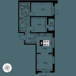 3-BD Apartment Sale, 68 sq. m. at Pervy Yuzhny, zhiloy kompleks Pervy Yuzhny, Leninskiy City District, Moscow Region, Russia #4