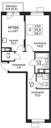 1-BD Apartment Sale, 56.7平方米 at Tsvetochnye Poliany, kvartal № 23, Filimonkovskoye Municipal Formation, Moscow, Russia #4