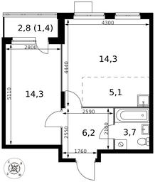 2-BD Apartment Sale, 45平方米 at Pervy Donskoj, zhiloy mikrorayon Sapronovo, derevnya Sapronovo, Leninskiy City District, Moscow Region, Russia #4