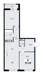 2-BD Apartment Sale, 59.4平方米 at Rodniye Kvartaly, Kvartal № 33, Marushkinskoye Settlement, Moscow, Russia #4