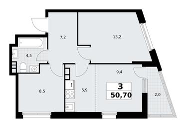 2-BD Apartment Sale, 50.7平方米 at Rodniye Kvartaly, Kvartal № 33, Marushkinskoye Settlement, Moscow, Russia #4