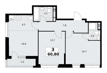2-BD Apartment Sale, 60.8平方米 at Rodniye Kvartaly, Kvartal № 33, Marushkinskoye Settlement, Moscow, Russia #4