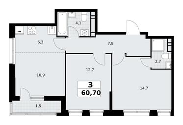 2-BD Apartment Sale, 60.7平方米 at Rodniye Kvartaly, Kvartal № 33, Marushkinskoye Settlement, Moscow, Russia #4