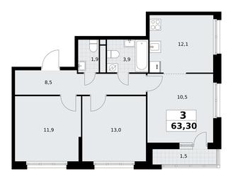2-BD Apartment Sale, 63.3平方米 at Rodniye Kvartaly, Kvartal № 33, Marushkinskoye Settlement, Moscow, Russia #4