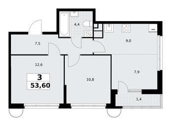 2-BD Apartment Sale, 53.6平方米 at Rodniye Kvartaly, Kvartal № 33, Marushkinskoye Settlement, Moscow, Russia #4