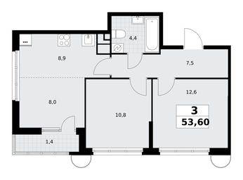 2-BD Apartment Sale, 53.6平方米 at Rodniye Kvartaly, Kvartal № 33, Marushkinskoye Settlement, Moscow, Russia #4