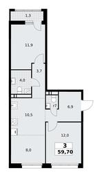 2-BD Apartment Sale, 59.7平方米 at Rodniye Kvartaly, Kvartal № 33, Marushkinskoye Settlement, Moscow, Russia #4