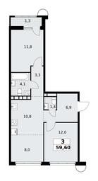 2-BD Apartment Sale, 59.6平方米 at Rodniye Kvartaly, Kvartal № 33, Marushkinskoye Settlement, Moscow, Russia #4