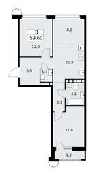 2-BD Apartment Sale, 59.6平方米 at Rodniye Kvartaly, Kvartal № 33, Marushkinskoye Settlement, Moscow, Russia #2