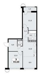 2-BD Apartment Sale, 59.6平方米 at Rodniye Kvartaly, Kvartal № 33, Marushkinskoye Settlement, Moscow, Russia #4