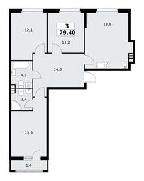 2-BD Apartment Sale, 79.4平方米 at Rodniye Kvartaly, Kvartal № 33, Marushkinskoye Settlement, Moscow, Russia #4