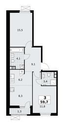 2-BD Apartment Sale, 59.7 sq. m. at Yzhnye Sady, Yuzhnye Sady Residential Complex, Moscow, Russia #3