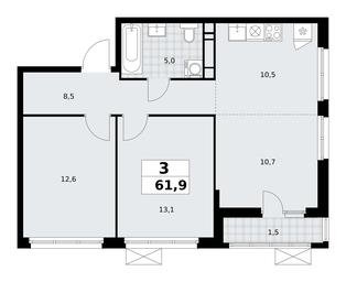 2-BD Apartment Sale, 61.9平方米 at Yzhnye Sady, Yuzhnye Sady Residential Complex, Moscow, Russia #2