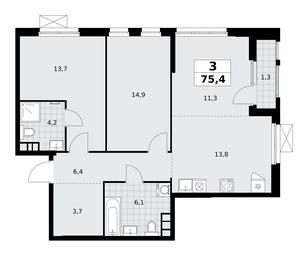 2-BD Apartment Sale, 75.4 sq. m. at Yzhnye Sady, Yuzhnye Sady Residential Complex, Moscow, Russia #3