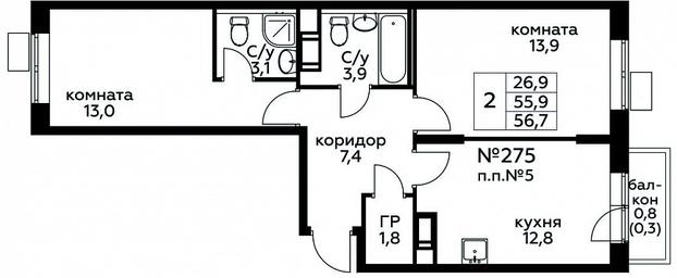 1-BD Apartment Sale, 56.7平方米 at Tsvetochnye Poliany, kvartal № 23, Filimonkovskoye Municipal Formation, Moscow, Russia #2 1-BD Apartment Sale, 56.7平方米 at Tsvetochnye Poliany, kvartal № 23, Filimonkovskoye Municipal Formation, Moscow, Russia #2