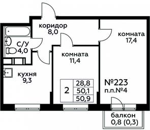 Продажа 1-комн. квартиры, 50,9 м² в ЖК «Цветочные Поляны», квартал № 23, поселение Филимонковское, Москва, Россия #3