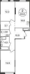 2-BD Apartment Sale, 63.8 sq. m. at Pervyi Moskovskiy, ulitsa Bianki, 1, Moskovskiy, Moscow, Russia #2