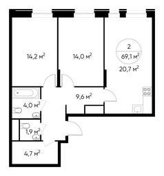 2-BD Apartment Sale, 69.1平方米 at Pervyi Moskovskiy, ulitsa Bianki, 1, Moskovskiy, Moscow, Russia #2