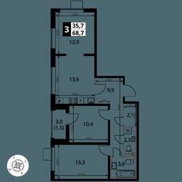 3-BD Apartment Sale, 68.4 sq. m. at Pervy Yuzhny, zhiloy kompleks Pervy Yuzhny, Leninskiy City District, Moscow Region, Russia #4