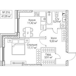 1-BD Apartment Sale, 47.09平方米 at SEZAR CITY, 2nd Khoroshyovsky Drive, Moscow, Russia #4