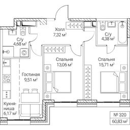 2-BD Apartment Sale, 60.83平方米 at SEZAR CITY, 2nd Khoroshyovsky Drive, Moscow, Russia #4
