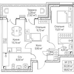 2-BD Apartment Sale, 63.28平方米 at SEZAR CITY, 2nd Khoroshyovsky Drive, Moscow, Russia #4