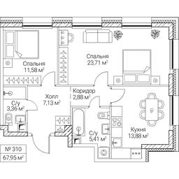 2-BD Apartment Sale, 67.95平方米 at SEZAR CITY, 2nd Khoroshyovsky Drive, Moscow, Russia #4
