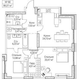 2-BD Apartment Sale, 86.01平方米 at SEZAR CITY, 2nd Khoroshyovsky Drive, Moscow, Russia #4