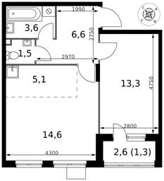 2-BD Apartment Sale, 46平方米 at Pervy Donskoj, zhiloy mikrorayon Sapronovo, derevnya Sapronovo, Leninskiy City District, Moscow Region, Russia #4