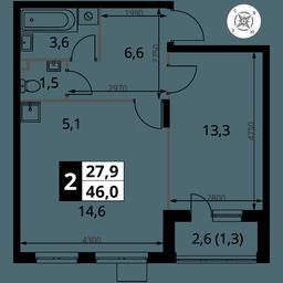 2-BD Apartment Sale, 46平方米 at Pervy Donskoj, zhiloy mikrorayon Sapronovo, derevnya Sapronovo, Leninskiy City District, Moscow Region, Russia #2