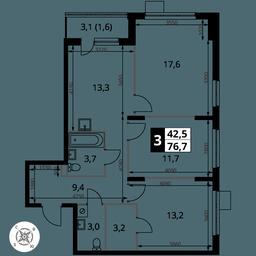 3-BD Apartment Sale, 76.7平方米 at Pervy Donskoj, zhiloy mikrorayon Sapronovo, derevnya Sapronovo, Leninskiy City District, Moscow Region, Russia #2