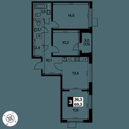 3-BD Apartment Sale, 69.3 sq. m. at Pervy Donskoj, zhiloy mikrorayon Sapronovo, derevnya Sapronovo, Leninskiy City District, Moscow Region, Russia #4