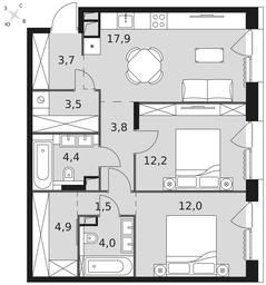 2-BD Apartment Sale, 67.9平方米 at The Lake, Snezhnaya Street, 22, Moscow, Russia #3