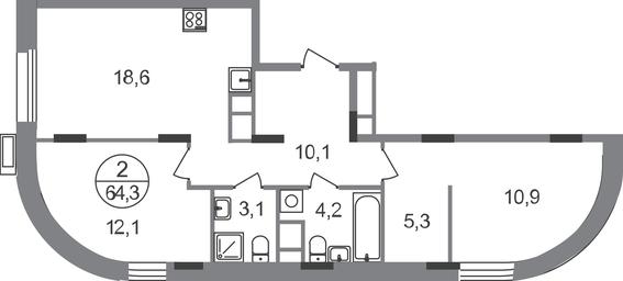 2-BD Apartment Sale, 64.3平方米 at Rezidentsii Skolkovo, Kashtanovaya ulitsa, 1, rabochiy posyolok Zarechye, Odintsovskiy City District, Moscow Region, Russia #2