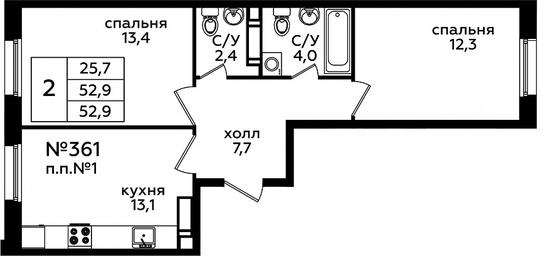 1-BD Apartment Sale, 52.4 sq. m. at Eko Bunino, prospekt Kuprina, 34к1, Sosenskoye Settlement, Moscow, Russia #3