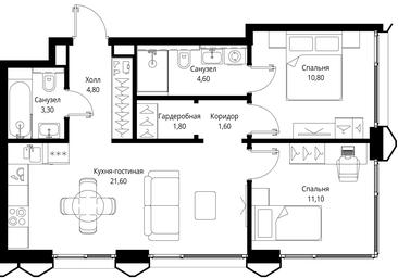 2-BD Apartment Sale, 59.6 sq. m. at Multikvartal CITYZEN, Vishnyovaya Street, Moscow, Russia #3 2-BD Apartment Sale, 59.6 sq. m. at Multikvartal CITYZEN, Vishnyovaya Street, Moscow, Russia #3