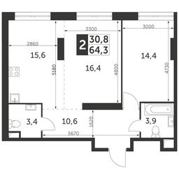 2-BD Apartment Sale, 64.3平方米 at Arkhitektor, Akademika Volgina Street, 2Д, Moscow, Russia #2