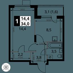 1-BD Apartment Sale, 34平方米 at Pervy Donskoj, zhiloy mikrorayon Sapronovo, derevnya Sapronovo, Leninskiy City District, Moscow Region, Russia #2